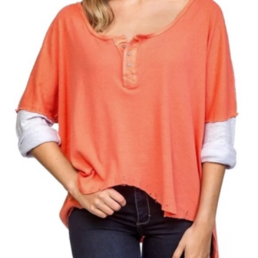 Free People We the Free Star Relaxed Distressed Henley Top Orange Linen Small